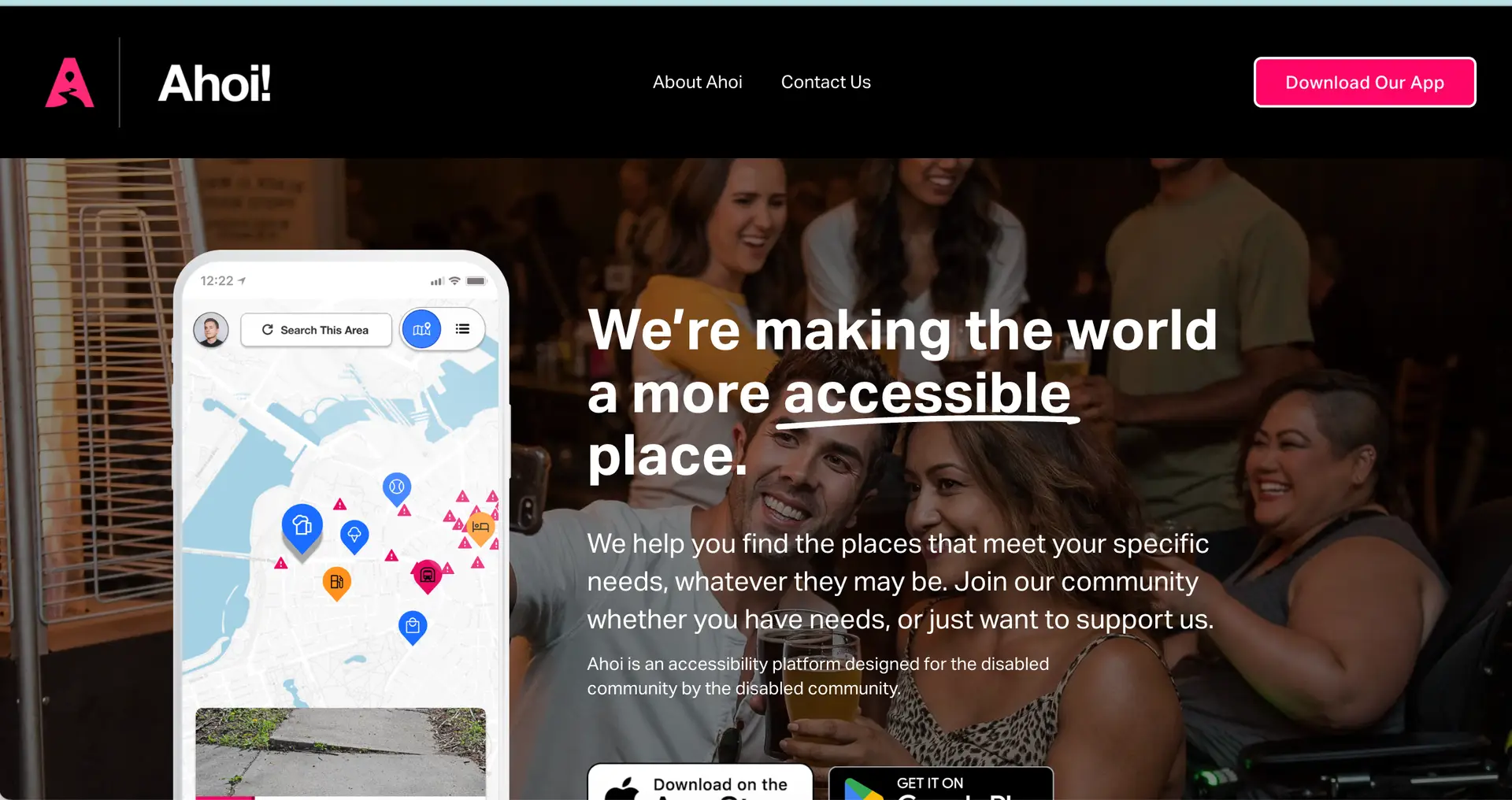 Ahoi! accessible travel app home page